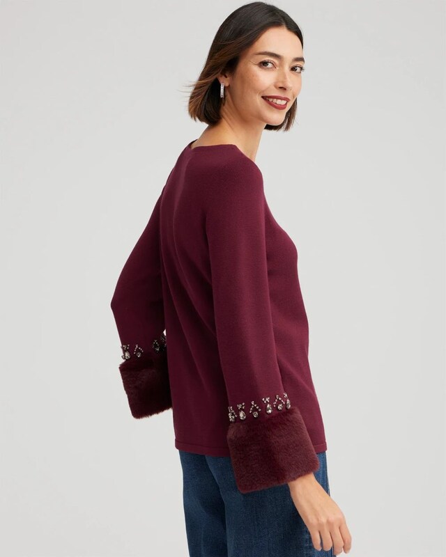 Faux Fur Trim Embellished Sweater - image 3